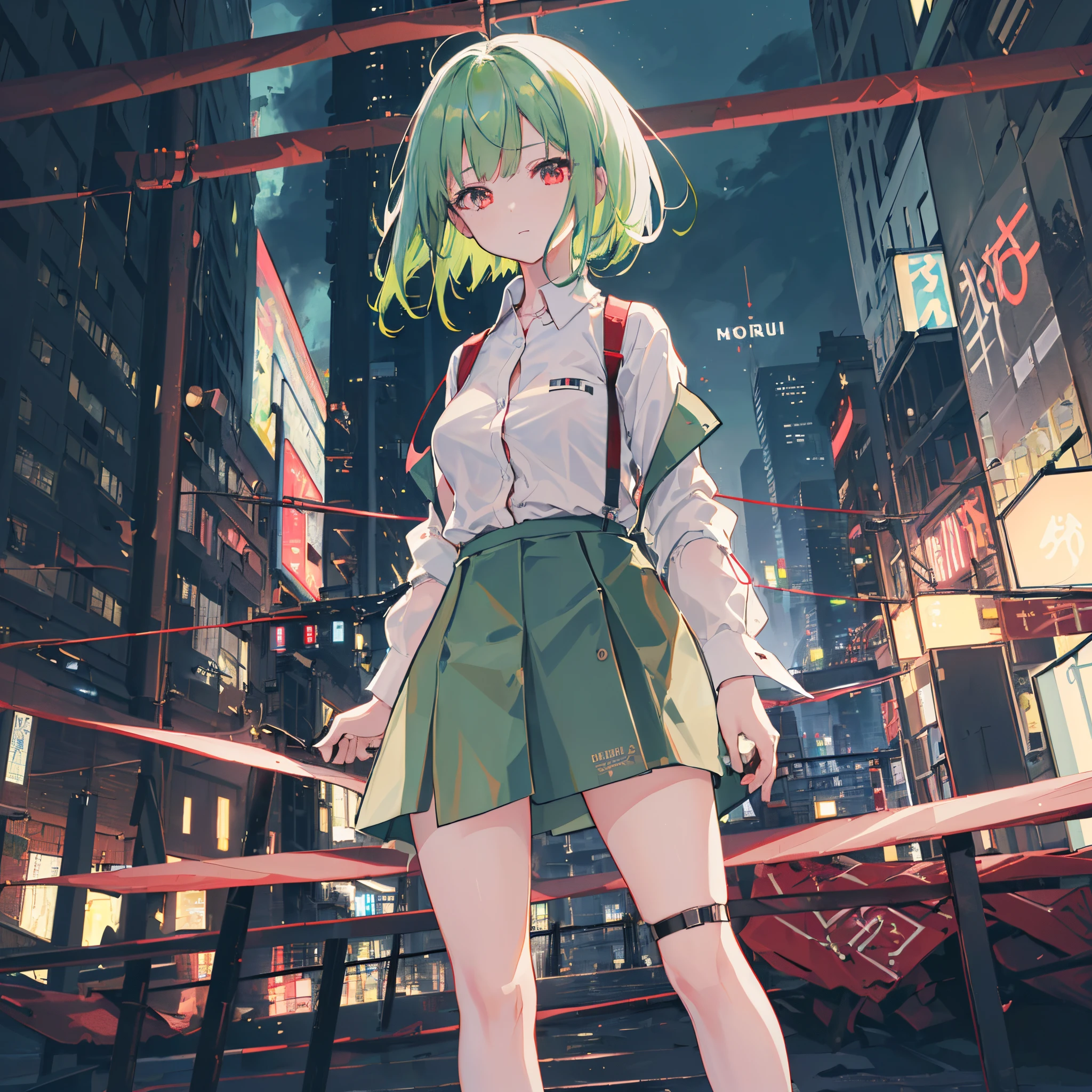 1girl in, 独奏, Lori, 小柄,(Night_skyporn), (very_Curta_Green_hair), Hairstyle Bob(Red_Eyes), Medium_breasts, (white_Shirt:1.5), (windbreaker), (portlate), blazing_Eyes, Background_light, (Cityscape:1.5), (neons_A light:1.2), (scienc), cyberpunked, ((masterpiece)), (Hi-Res), (best_quality), (highly_Detailed), (Original),(Delicate background),(Very detailed 8k wallpaper),cinematlic lighting, Volume Lighting, light Particle, Shaded_Face, Beautiful_Detailed_Eyes, Depth_In the_field、point of view、directly in front、Show a glimpse