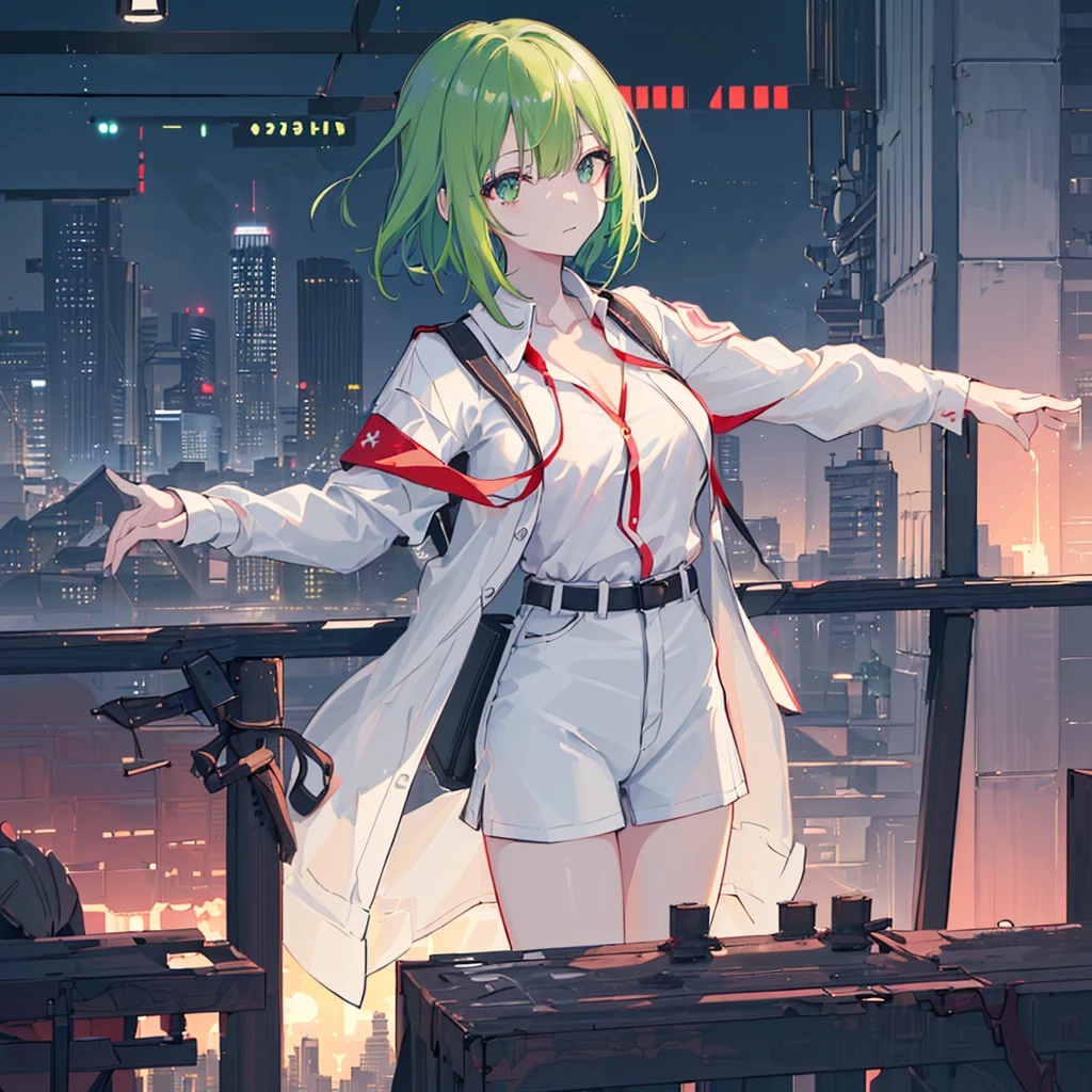1girl in, report, Lori, 小柄,(Night_skyporn), (very_Curta_Green_hair), Hairstyle Bob(Red_Idium_breasts, (white_Shirt:1.5), (windbreaker), (portlate), blazing_Eyes, Background_light, (Cityscape:1.5), (neons_A light:1.2), (scienc), cyberpunked, ((​masterpiece)), (Highrest_quality), (highly_Detailed), (Original),(Delicate background),(Very detailed 8k wallpaper),cinematlic lighting, Volume Lighting, light Particle, Shaded_Face, Beautiful_Detailed_Eyes, Depth_In the_field、point of view、directly in front、Show a glimpse