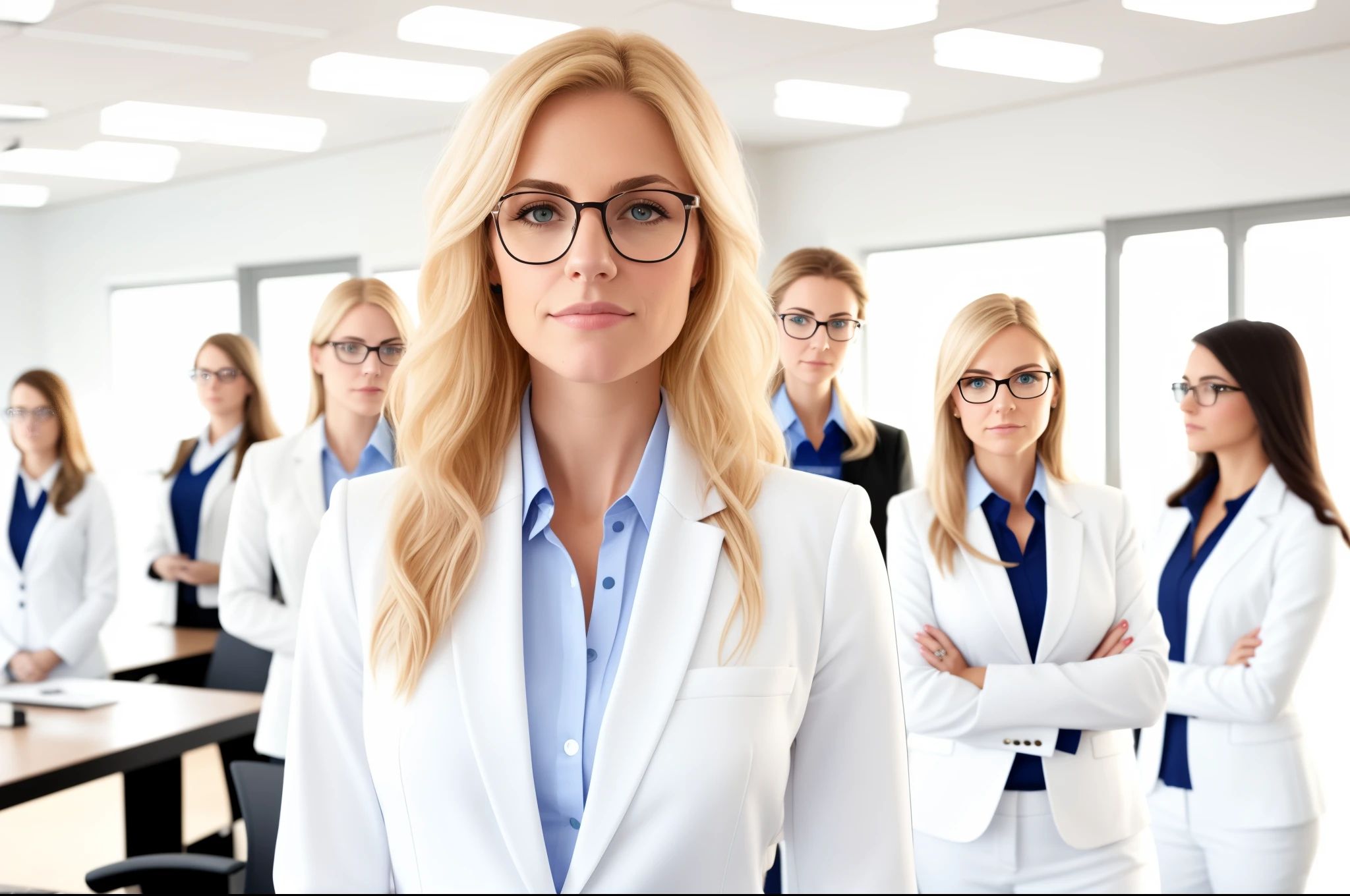 blond woman in glasses standing in an office with a blue shirt and white blazer, wearing white suit and glasses, wearing a suit and glasses, wearing lab coat and glasses, female in office dress, woman in business suit, big breast, wearing lab coat and a blouse, wearing a strict business suit, wearing white suit, professional closeup photo, in suit with black glasses