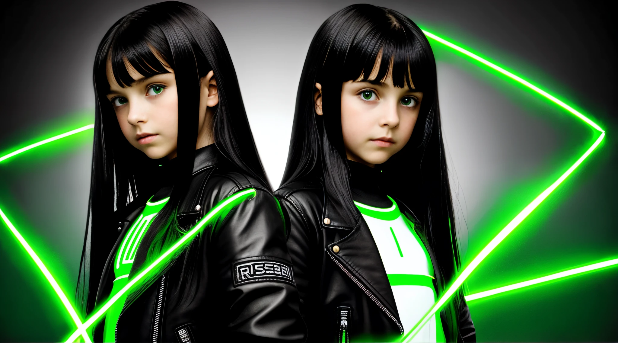 Russian children GIRLS WITH LONG STRAIGHT HAIR dark, PORTRAIT STYLE, black leather jacket that are holding a lamp, promotional image of the film, promotional image, promotional image, promotional art, next gen, bright green, green glow, TV show, bright green eyes, key art, Green glow, neon green, supernatural green eyes, photo render, enigmatic!!, Color yet, Rendered image