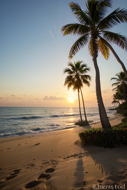 A palm tree by the sea and a setting sun