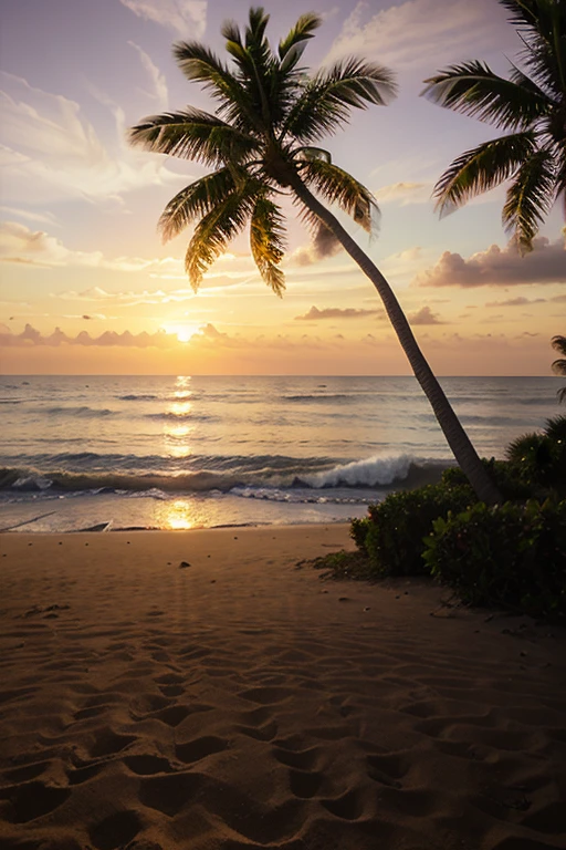 A palm tree by the sea and a setting sun