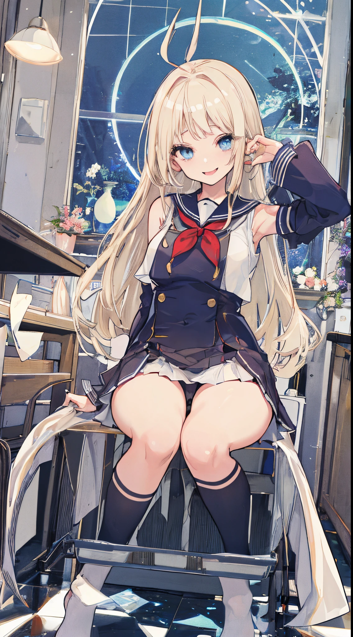 top-quality、realistic touch,high-detail、photoRealstic、Long body、captive beauty、big eye、Colossal tits、Strong platinum blonde eyelashes、platinum-blond、full body Esbian、Sparkling eyes、Submissive smile、Flushed cheeks、Kamimei、thin-waist、Voluptuous thighs、Enraptured look、Raked bangs、The forehead is protruding、Tight sailor uniform、thigh-high socks、sleeveless、Tight and short skirt with a large slit、Inside a school classroom、She isn't not wearing panties、High-waisted skirt