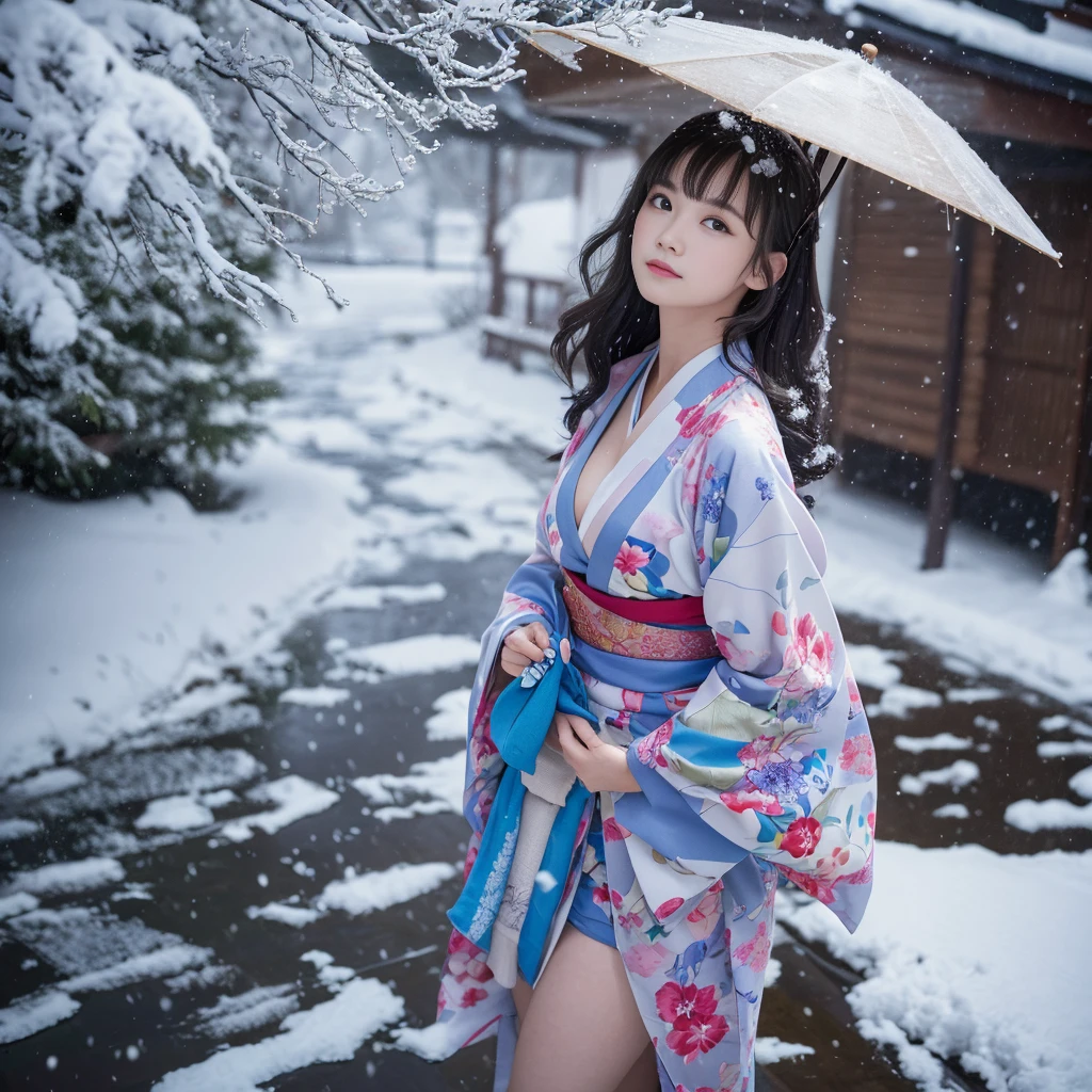 (Kimono)、(top-quality,​masterpiece:1.3,超A high resolution,),(ultra-detailliert,Caustics),(Photorealsitic:1.4,RAW shooting,)Ultra-realistic capture,A highly detailed,high-definition16Kfor human skin、 Natural skin texture、、The skin looks healthy with an even tone、 Use natural light and color,One Woman,japanes,,kawaii,A dark-haired,Very big big、Middle hair,(depth of fields、chromatic abberation、、Wide range of lighting、Natural Shading、)、(Falling snow:1.2)、(Hair swaying in the wind:1.2)、(Snow reflects light:1.1)、Cleavage can be seen through the exposed kimono、Legs visible through exposed kimono（garterbelts）