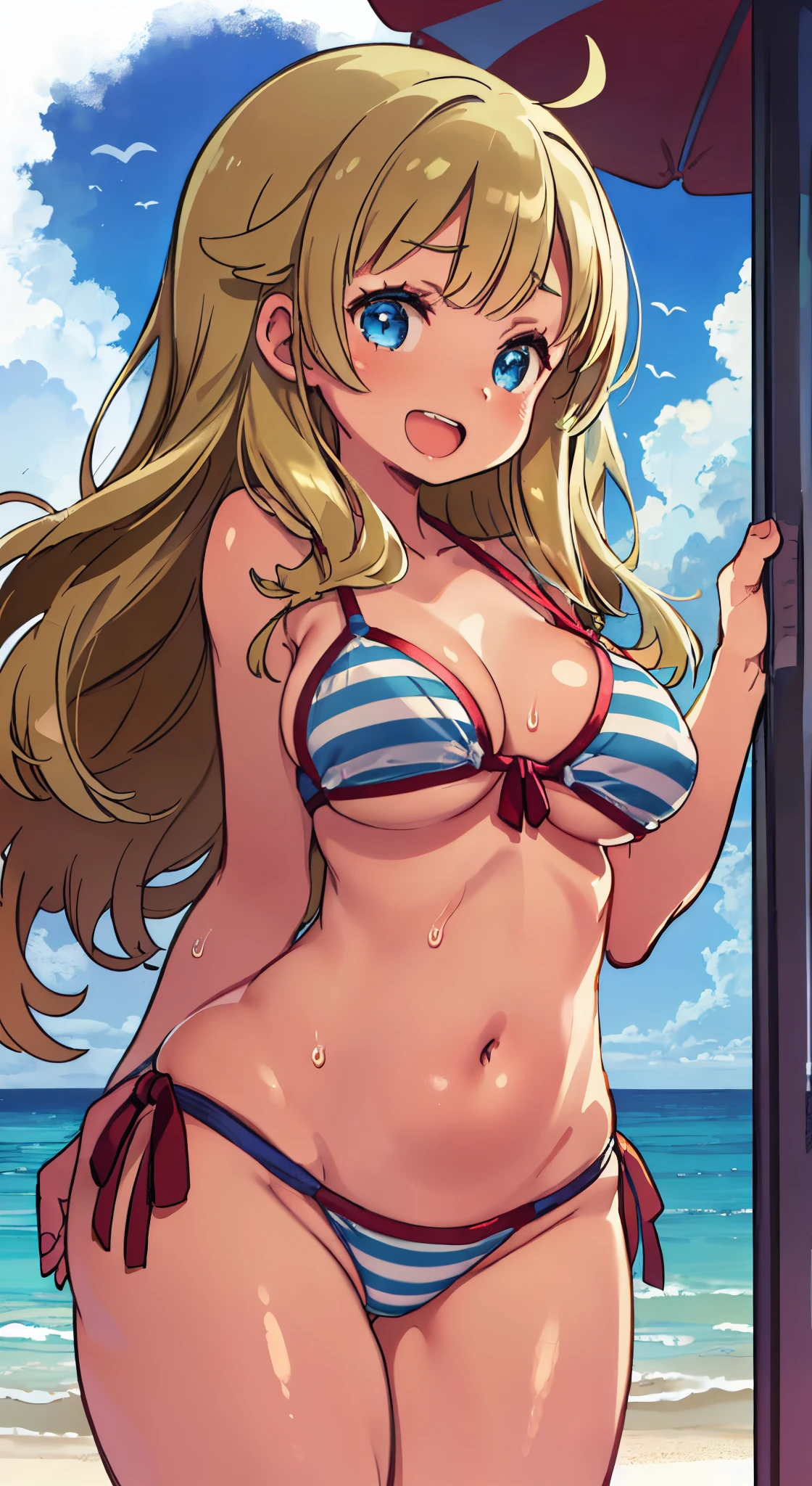 (( 1girl in)), NSFW、blush,(well-muscled)、Brown skin、Golden hair、the eyes are blue、double tooth、((big butts))、(((thick thighs)))、Sweat、:D、Long hair、((Unkempt hair))、blues kajan、(Light blue striped bikini)、the beach、