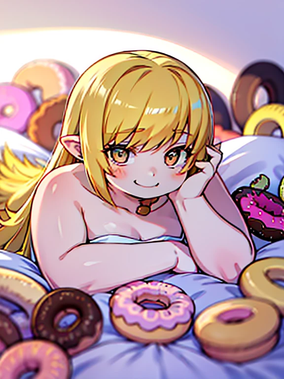 obese shinobuYoung, masterpiece, best quality, absurdres, obese 1girl, blonde hair, solo, close-up, smile, blush stickers, clavicle, pillow, (doughnut:1.2), stuffed toy, on bed, lying, on stomach, obese loli, closed mouth, fang, (chin rest:1.5), (white dress:1.1)