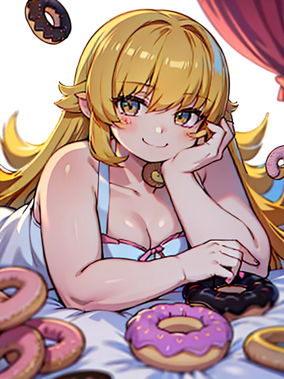 obese shinobuYoung, masterpiece, best quality, absurdres, obese 1girl, blonde hair, solo, close-up, smile, blush stickers, clavicle, pillow, (doughnut:1.2), stuffed toy, on bed, lying, on stomach, obese loli, closed mouth, fang, (chin rest:1.5), (white dress:1.1)