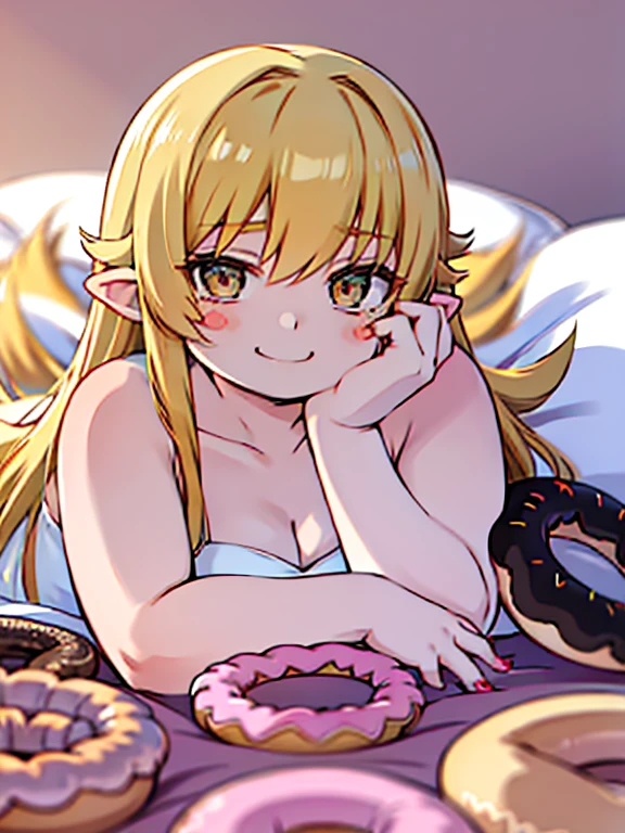 obese shinobuYoung, masterpiece, best quality, absurdres, obese 1girl, blonde hair, solo, close-up, smile, blush stickers, clavicle, pillow, (doughnut:1.2), stuffed toy, on bed, lying, on stomach, obese loli, closed mouth, fang, (chin rest:1.5), (white dress:1.1)