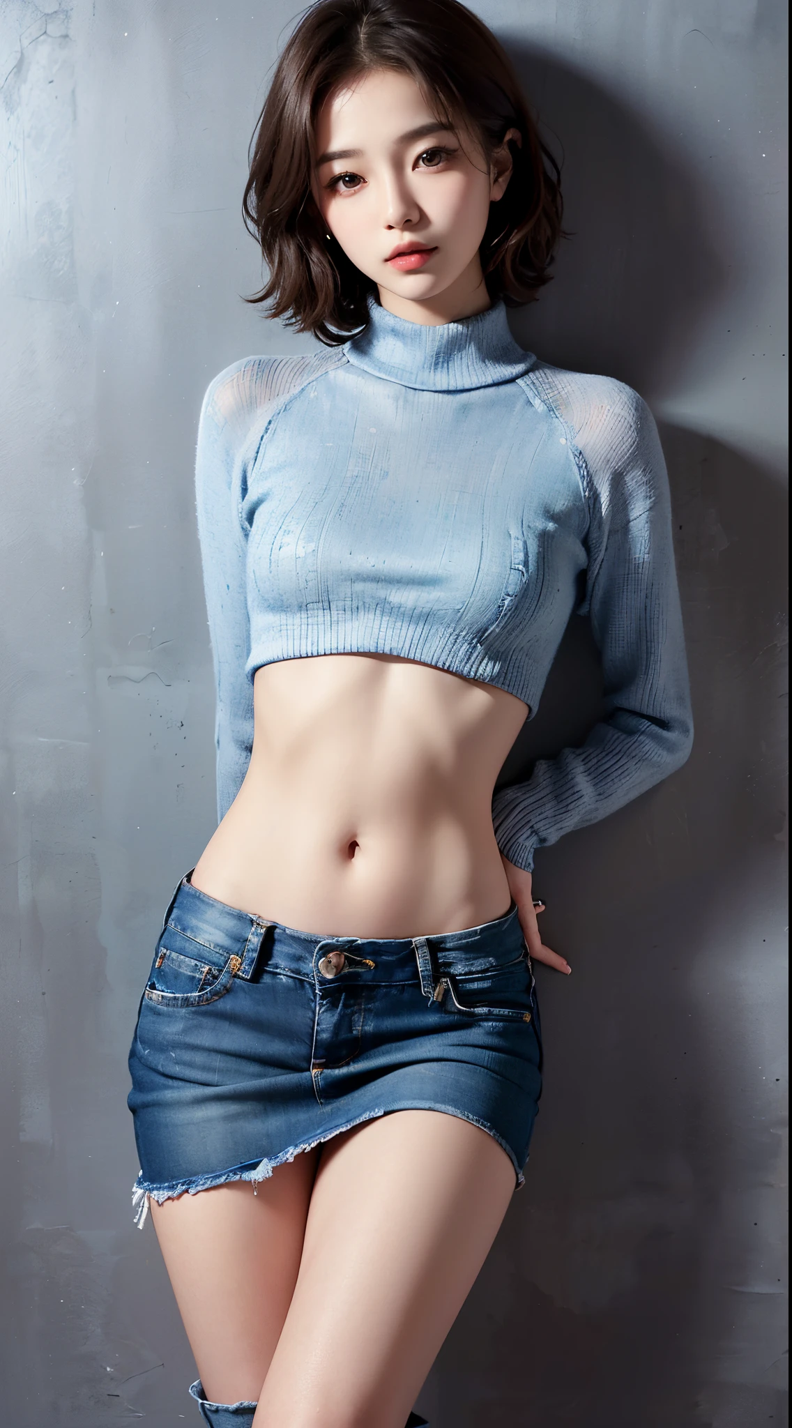Slender Asian girl, Kpop Idol, ((gymnast)), ((of the highest quality, 8K, masutepiece: 1.3)), Crisp focus: 1.2, Beautiful woman with perfect figure: 1.4, Highly detailed face and skin texture, Detailed eyes, skinny, Beautiful face, Symmetrical face, full-length, ((wide open abdomen))、((open abdomen))、((wide open navel))、((open navel))、((Bare belly))、((Mid-Riff Sweater))、((Ultra-low rise、Denim Mini Skirt))、 ((Navel Ejection))、((Full body depiction))、((Small hip pull body depiction))、((small hip))、(boots)、((Ultra-low rise))、 ((Denim Mini Skirt)), ((wide open abdomen))、((open abdomen))、((wide open navel))、((open navel))、((Bare belly))、((Mid-Riff Sweater))、((Ultra-low rise、Denim Mini Skirt))、 ((Navel Ejection))、((Full body depiction))、((Small hip pull body depiction))、((small hip))、(boots)、((Ultra-low rise))、 ((Denim Mini Skirt))、