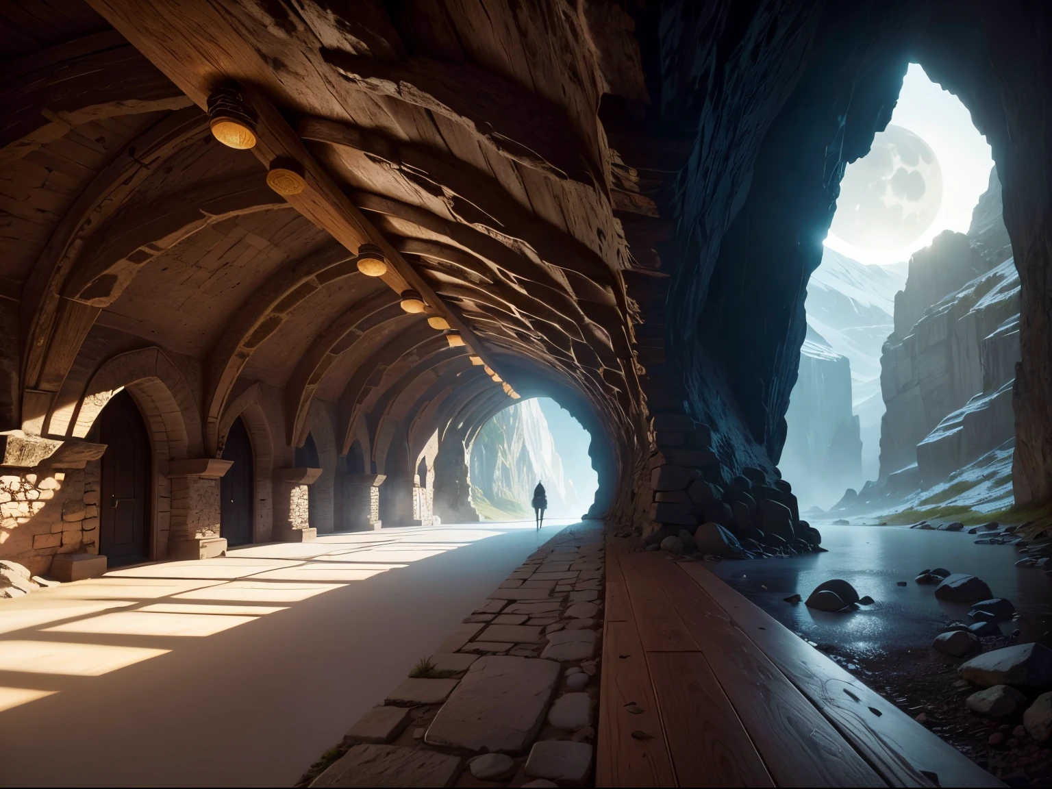 A subterranean cavernous passage nestled within a mountain, this cave hallway boasts a unique ambiance. To the left, a natural slit opening, approximately 10 feet in height, extends to the end of the cave hall. The opening is adorned by stalagmites and stalactites, framing the picturesque view of valleys illuminated by the soft glow of the full moon, casting an enchanting radiance on the landscape.
On the right side, a series of doors seamlessly integrated into the cave walls catch your attention. Each door is distinguished by different symbols, contributing to the mysterious and natural juxtaposition within this captivating space. Depending on which side you gaze, the scene seamlessly blends the organic wonders of nature with enigmatic, structured elements.