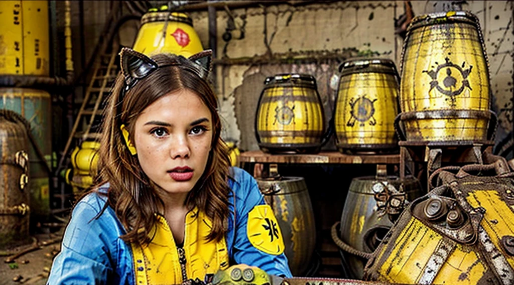 GIRL CHILD 8 YEARS OLD , LONG, CLOSE UP, RUSSIAN STYLE HEADPHONES and cat ears, VaultGirl suit, a closeup of a large pile of ((yellow barrels with radioactive symbols)), nuclear waste, radioactive wastelands, toxic waste, radioactive particles, nuclear wastelands, radioactive, uranium, nuclear, nuclear fallout, post-nuclear, nuclear fashion, post-nuclear fallout,  nuclear energy, future of nuclear energy, nuclear, nuclear art, nuclear reactor, nuclear energy, radiation, toxicity, contaminated, , the scene  post apocalyptic and everything looks old and dingy and dirty, ending machine, nuka cola, sci-fi vending machine, wearing (vaultsuit with pipboy3000 on wrist), in 8K、ultrasharp、huge tit、Raw skin  exposed in cleavage