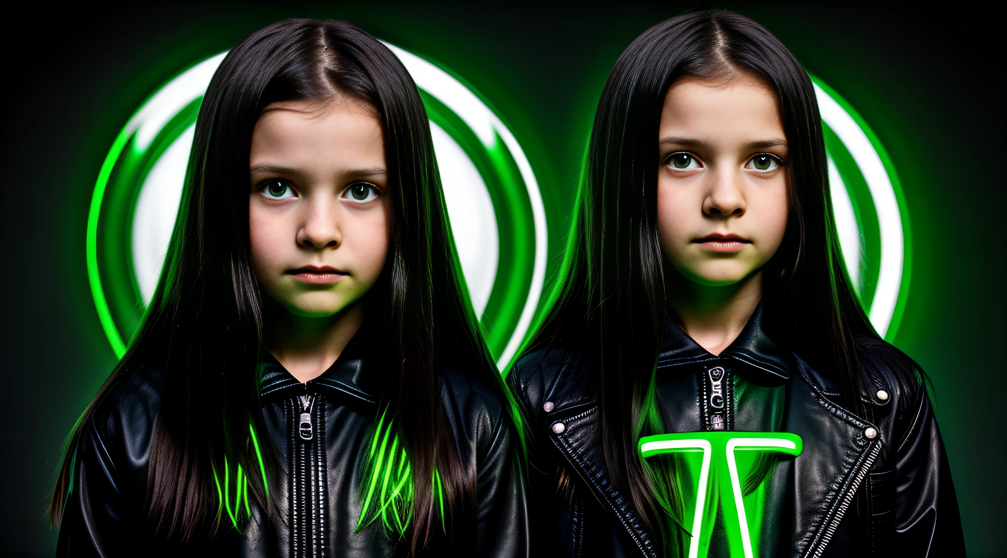 Russian GIRLS 10 yearsNG STRAIGHT HAIR dark, PORTRAIT STYLE, black leather jacket that are holding a lamp, promotional image of the film, promotional image, promotional image, promotional art, next gen, bright green, green glow, TV show, bright green eyes, key art, Green glow, neon green, supernatural green eyes, photo render, enigmatic!!, Color yet, Rendered image