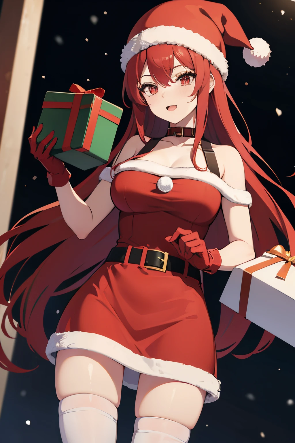 "anime girl, 1 person, bright red hair, shoulder length hair, dark red eyes, Santa hat, Santa tube costume, red dress, big breasts, discreet, stockings, holding Christmas gift box, Christmas gift box  birth, snowfall, solo, front view, (full HD 4K+ photo)"