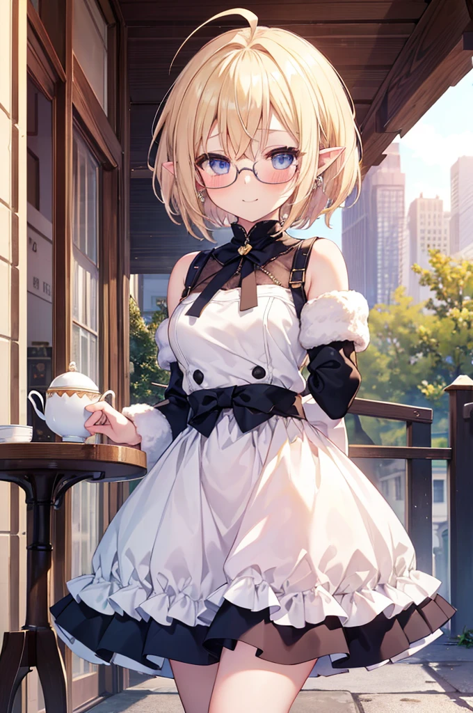 ultra detailed, best quality, high resolution, ((1girl)), looking at viewer, pale skin, petite, (blonde hair), (very short hair), (ahoge:1.3), (glasses), pointy ears, (blush:1.2), blue eyes, medium breasts, happy smile, (chibi:1.2), winter clothes, cafe terrace, cowboy shot, tea, sit on a chair, waving, embarrassed