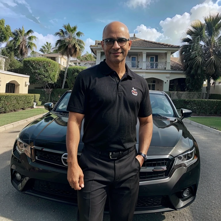 Straight man, 48 years old, bald, black eyes, glasses, light brown skin, wearing a black polo shirt, khaki pants, confident position, seductive look, charismatic smile, standing next to a Toyota car, model Corola Cross, in black color, on a sunny day, with a mansion with palm trees in the background.
