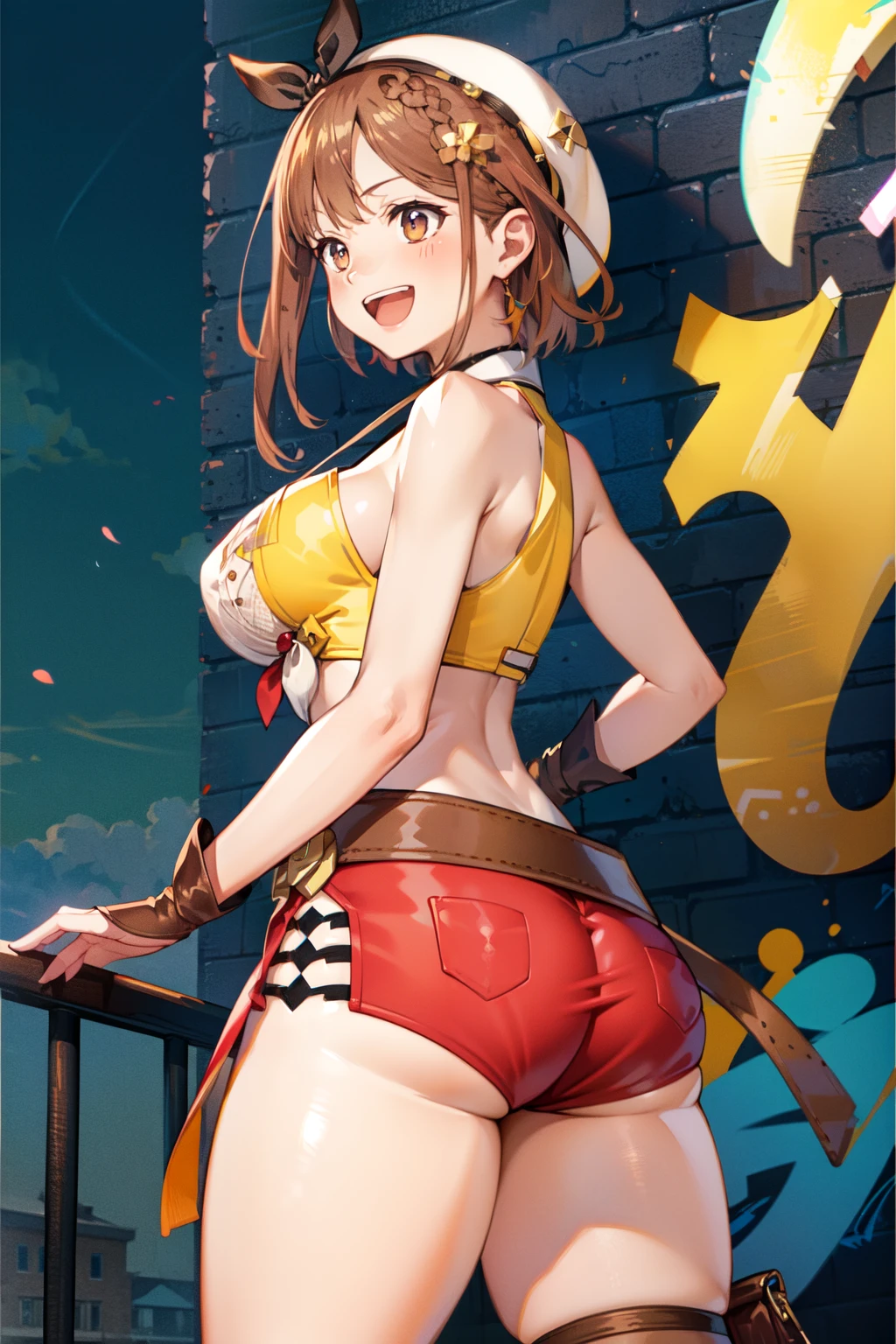 masterpiece, best quality, high resolution, extremely detailed CG, 2ndDefault, Asymmetrical Designed Costume, bare thighs, belt, breasts, ass, laughing, instrument, graffiti