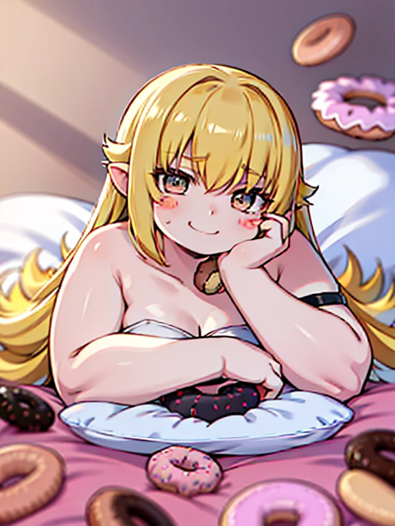 obese shinobuYoung, masterpiece, best quality, absurdres, obese 1girl, blonde hair, solo, close-up, smile, blush stickers, clavicle, pillow, (doughnut:1.2), stuffed toy, on bed, lying, on stomach, big cheeks, farting face, obese ****, closed mouth, fang, (chin rest:1.5), (white dress:1.1)