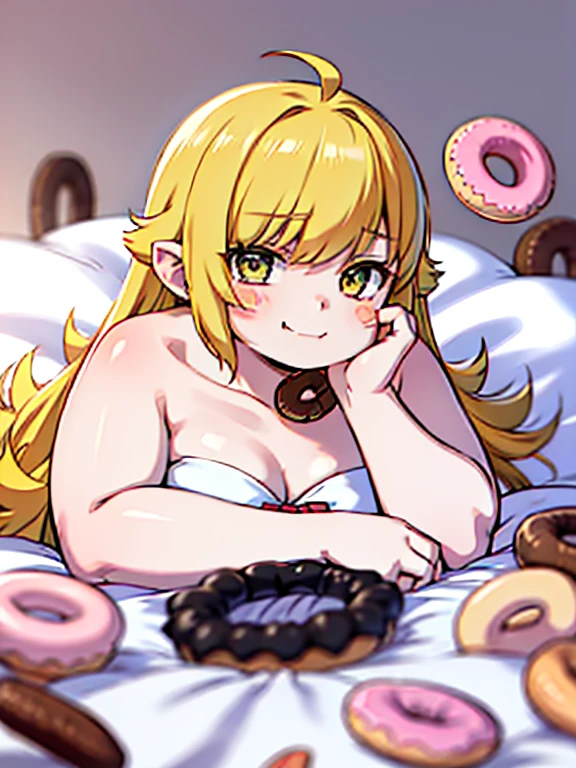 obese shinobuYoung, masterpiece, best quality, absurdres, obese 1girl, blonde hair, solo, close-up, smile, blush stickers, clavicle, pillow, (doughnut:1.2), stuffed toy, on bed, lying, on stomach, big cheeks, farting face, obese loli, closed mouth, fang, (chin rest:1.5), (white dress:1.1)