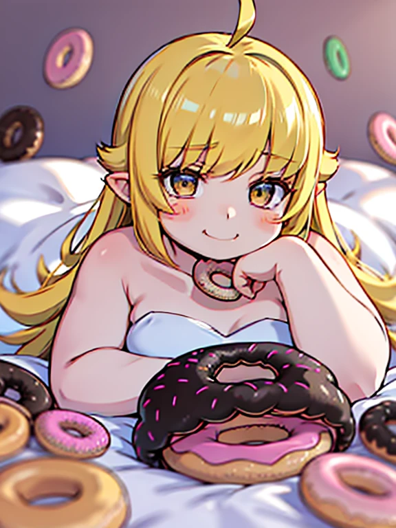 obese shinobuYoung, masterpiece, best quality, absurdres, obese 1girl, blonde hair, solo, close-up, smile, blush stickers, clavicle, pillow, (doughnut:1.2), stuffed toy, on bed, lying, on stomach, big cheeks, farting face, obese loli, closed mouth, fang, (chin rest:1.5), (white dress:1.1)