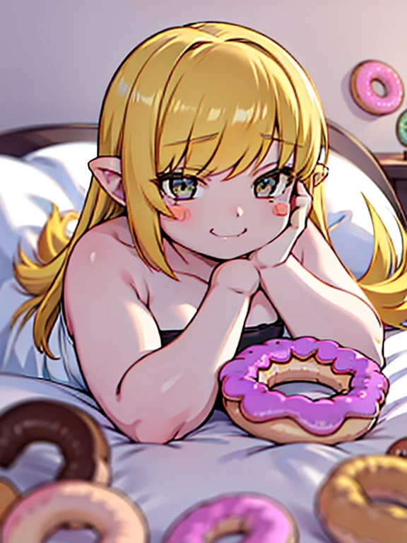 obese shinobuYoung, masterpiece, best quality, absurdres, obese 1girl, blonde hair, solo, close-up, smile, blush stickers, clavicle, pillow, (doughnut:1.2), stuffed toy, on bed, lying, on stomach, big cheeks, farting face, obese loli, closed mouth, fang, (chin rest:1.5), (white dress:1.1)