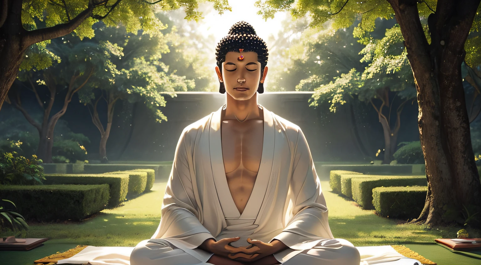 illustrate:
godama buddha、wearing a white robe、Smiling、A detailed face、A detailed eye、Surrounded by nature、Sunlight、wearing robe、Fantastic tree々in the landscape of、Human-like、The skin is not exposed、

Visual elements:
Gautama Buddha with his unique robe and aura of enlightenment.
young man in modest clothes, fully immersed in the teachings.
Green grass々linden tree with curly leaves, have a calm tone.
quietness, A background inspired by warm nature, golden colors.
Subtle symbols of enlightenment and meditation (shining lotus, Complex mandalas, etc.) Add visual interest and spiritual symbolism.
The soft glow and aura that surrounds Gautama Buddha、emphasize his spiritual presence。.