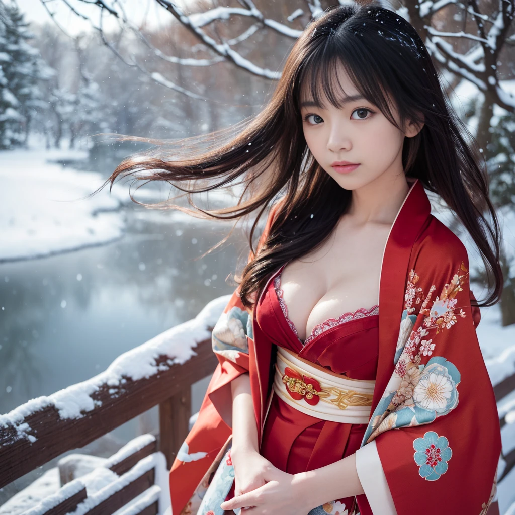 (Kimono)、(top-quality,masterpiece:1.3,超A high resolution,),(ultra-detailliert,Caustics),(Photorealsitic:1.4,RAW shooting,)Ultra-realistic capture,A highly detailed,high-definition16Kfor human skin、 Natural skin texture、、The skin looks healthy with an even tone、 Use natural light and color,One Woman,japanes,,kawaii,A dark-haired,Very big big、Middle hair,(depth of fields、chromatic abberation、、Wide range of lighting、Natural Shading、)、(Falling snow:1.2)、(Hair swaying in the wind:1.2)、(Snow reflects light:1.1)、Cleavage can be seen through the exposed kimono、Legs visible through exposed kimono(red garter belt)