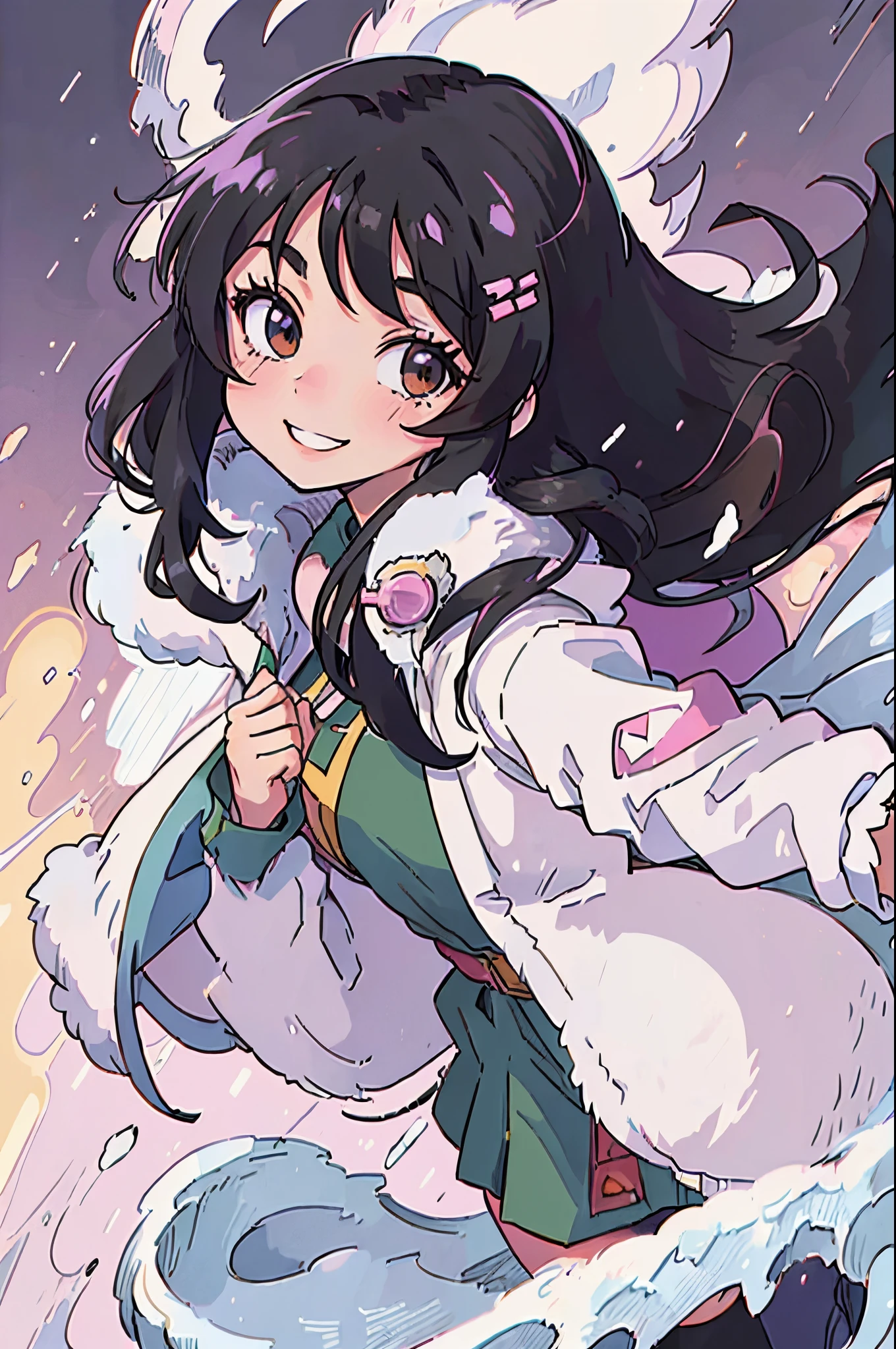 anime stylish girl, wearing fluffy outerwear, far coat, Long black hair,   a smile, 1990s anime