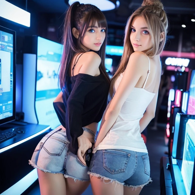 Stunning Sweet Cuties. photorealistic girl, eyes, blue eyes, skinny, girl, mini shorts, real Beautiful face, playing full body standing, with friend, sexy, egirl, gameroom, in ass