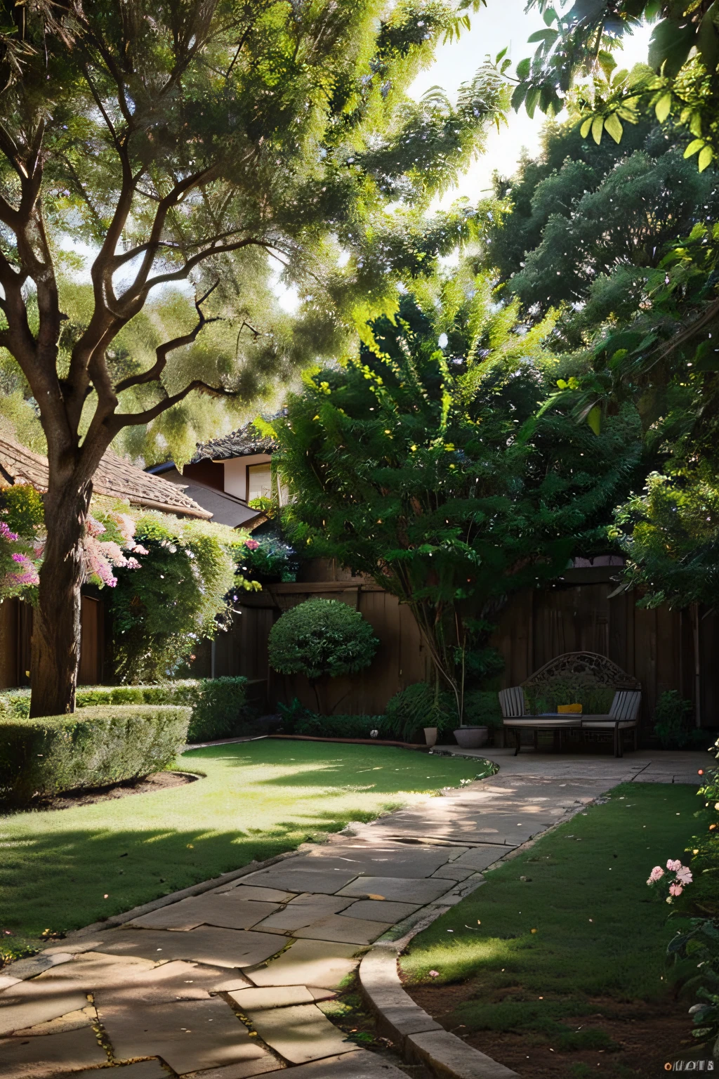 ((best quality)), (detailed), perfect garden, perfectly shaped and cur bushes, old trees that provide shade, some flowers, sun through leaves