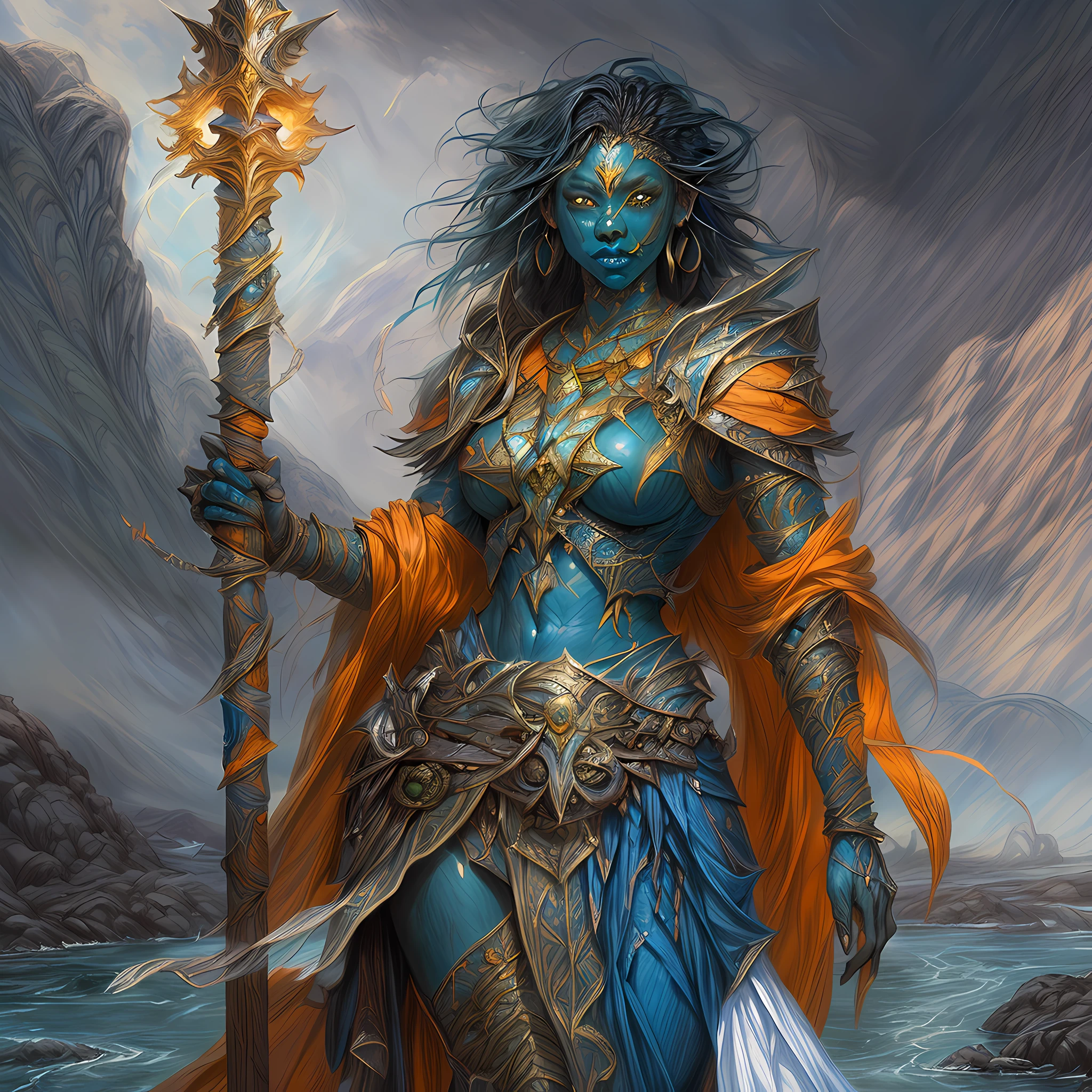 fantasy art, dnd art, RPG art, drkfntasy wide shot, (masterpiece:1.3), full body intense details, highly detailed, photorealistic, best quality, highres, portrait of a exotic race vedalken female (fantasy art, Masterpiece, best quality: 1.3) (blue colored skin: 1.3), intense details facial detail fantasy art, Masterpiece, best quality)cleric, (blue colored skin: 1.3) 1person blue_skin, (bold head: 1.4), intense green eye, fantasy art, Masterpiece, best quality) armed a fiery sword red fire, wearing heavy (white: 1.3) half plate mail armor LnF wearing high heeled laced boots, wearing an(orange :1.3) cloak within fantasy temple near river background and sun and clouds, reflection light, high details, best quality, 16k, [ultra detailed], masterpiece, best quality, (extremely detailed), dynamic angle, ultra wide shot, photorealistic, RAW, fantasy art, dnd art, fantasy art, realistic art