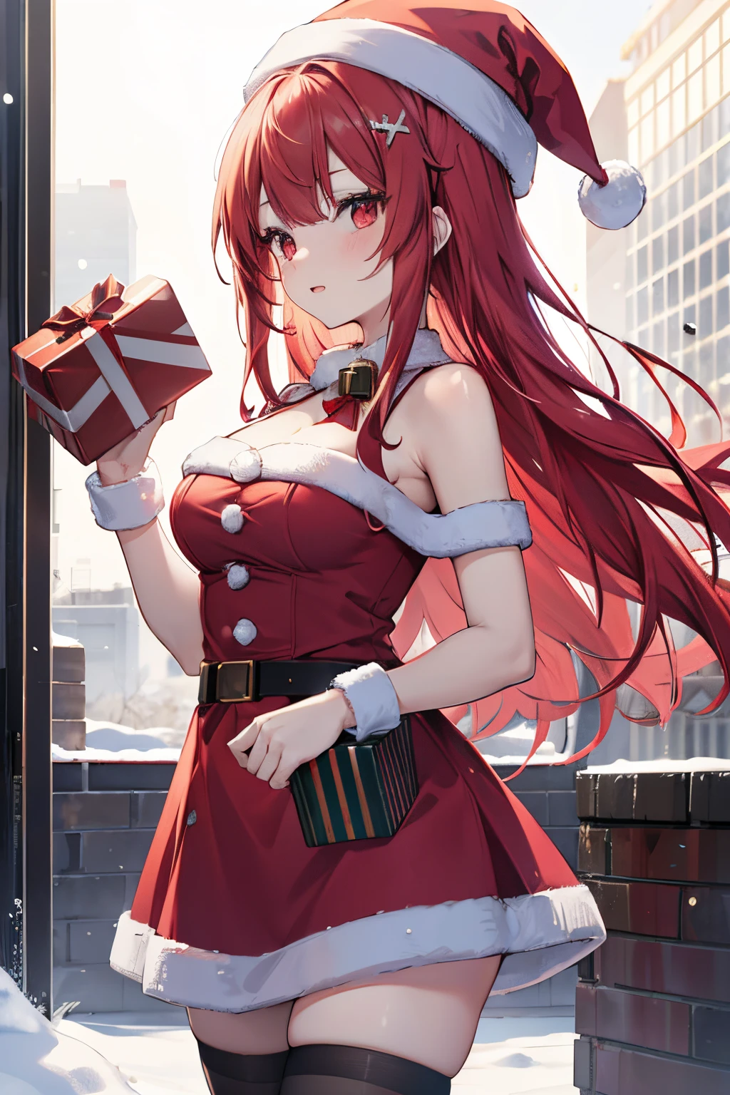 "anime girl, 1 person, bright red hair, shoulder length hair, dark red eyes, Santa hat, Santa tube costume, red dress, big breasts, discreet, stockings, holding Christmas gift box, Christmas gift box  birth, snowfall, solo, front view, (full HD 4K+ photo)"