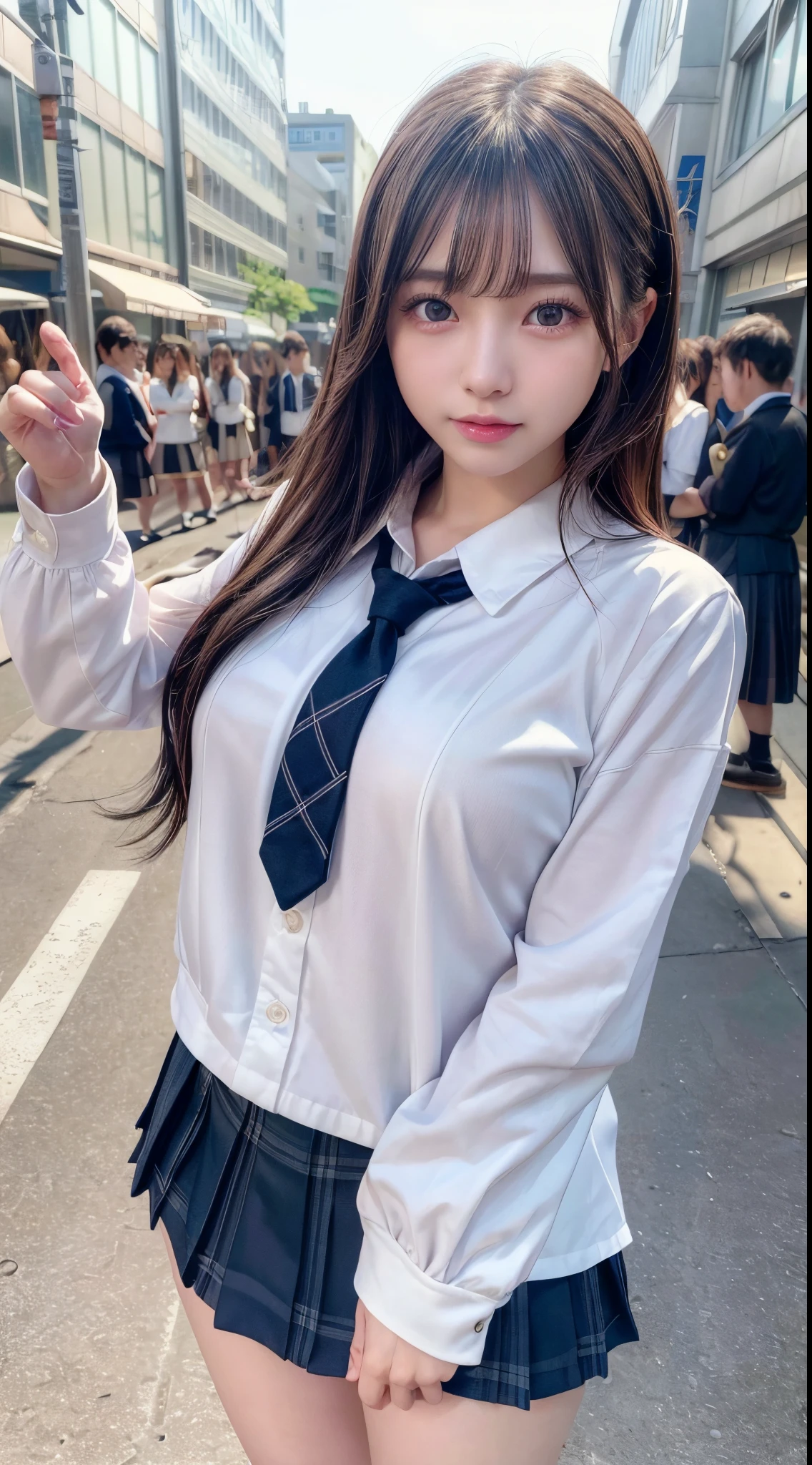 (8k, RAW photo, best quality, masterpiece:1.2), (realistic, photo-realistic:1.4), (extremely detailed 8k wallpaper), sharp focus, depth of field, bocinematic lighting, soft light,detailed beauty eyes,shiny smooth light brown long bob hair, asymmetrical bangs, shiny skin, super detailed skin,high resolution, high detailing, detailed hairstyle, detailed beauty face, hyper realistic, perfect limbs, perfect anatomy ,1 japanese girl,famous Japanese idol, perfect female body, large breasts,smile,short eyelashes,double-edged eyelid,long bob hair,(school girl uniform :1.3),looking at viewer, (Crowded city streets:1.3),cowboy shot