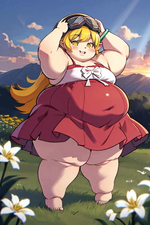 obese 1girl, solo, obese female, obese (oshino_shinobu),(blonde) (blonde_hair), (yellow_hair), ((long_hair)), ((bangs)), (yellow_eyes), blush, pointy_ears, (blush_stickers), flat_chest, obese , fat arms, fat belly, fat butt, thick thighs
white_dress, bow, bracelet, pose, barefoot, full_body, ((helmet)), ((googles)), hands_on_own_head, arms open, holding, smiling
global illumination, hdri, subsurface scattering, masterpiece, 4k, raytrace, beautiful, sharp, smooth skin, bloom, anime
sunset, nature, mountains, clouds, grass, flowers, fireflies