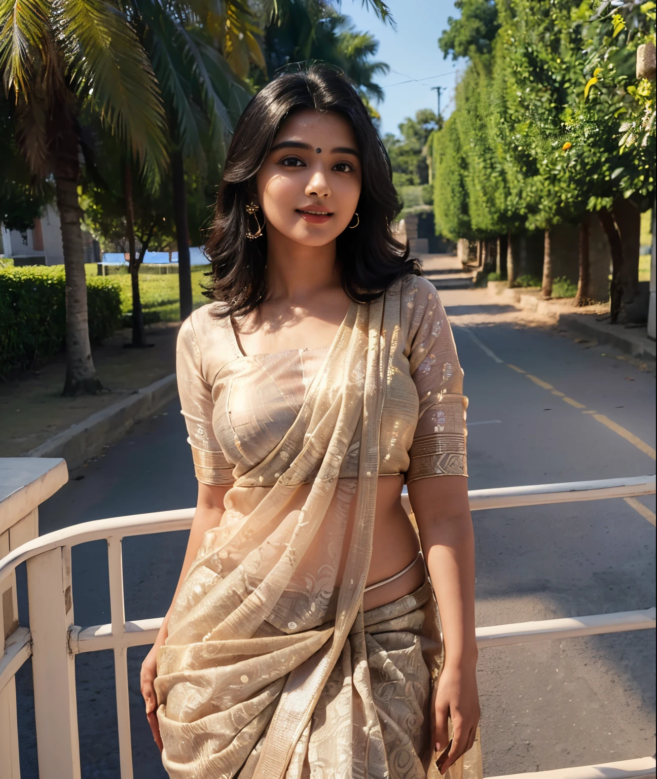(((desi Indian girl))), chubby face and charming hair, natural skin (((highly detailed face and skin texture, 8k, ultrarealistic))), ((Masterpiece: 1.3, best quality, crisp focuit girl, enjoying the sun, happy face, (traditional indian saree), waist level pic