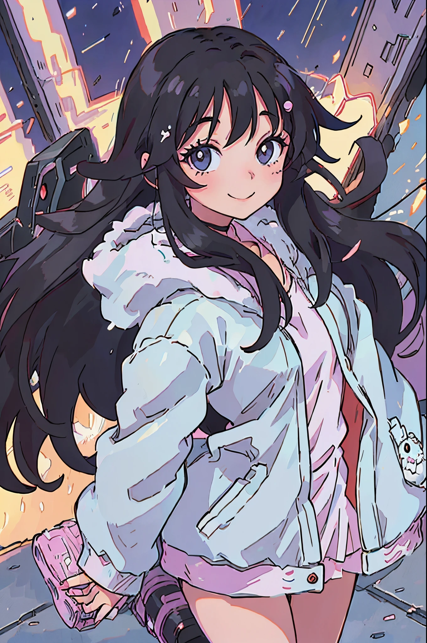 anime stylish girl, Wear fluffy outerwear, illuminations, Long Black Hair, A smile, 1990s anime