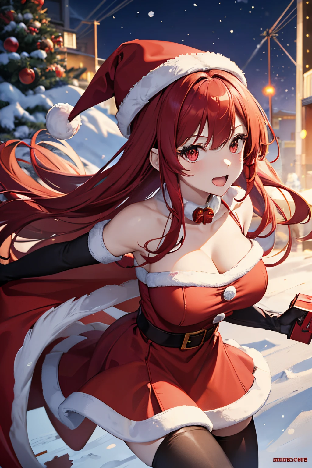 "anime girl, 1 person, bright red hair, shoulder length hair, dark red eyes, Santa hat, Santa tube costume, red dress, big breasts, discreet, stockings, holding Christmas gift box, Christmas gift box birth, snowfall, solo, front view, (full HD 4K+ photo)"