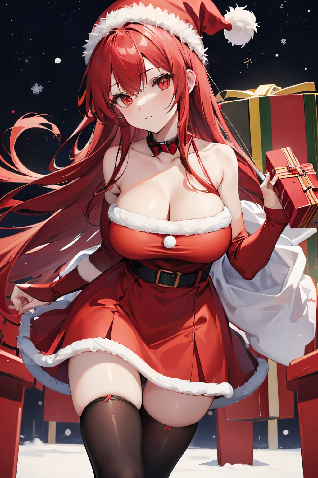 "anime girl, 1 person, bright red hair, shoulder length hair, dark red eyes, Santa hat, Santa tube costume, red dress, big breasts, discreet, stockings, holding Christmas gift box, Christmas gift box birth, snowfall, solo, front view, (full HD 4K+ photo)"