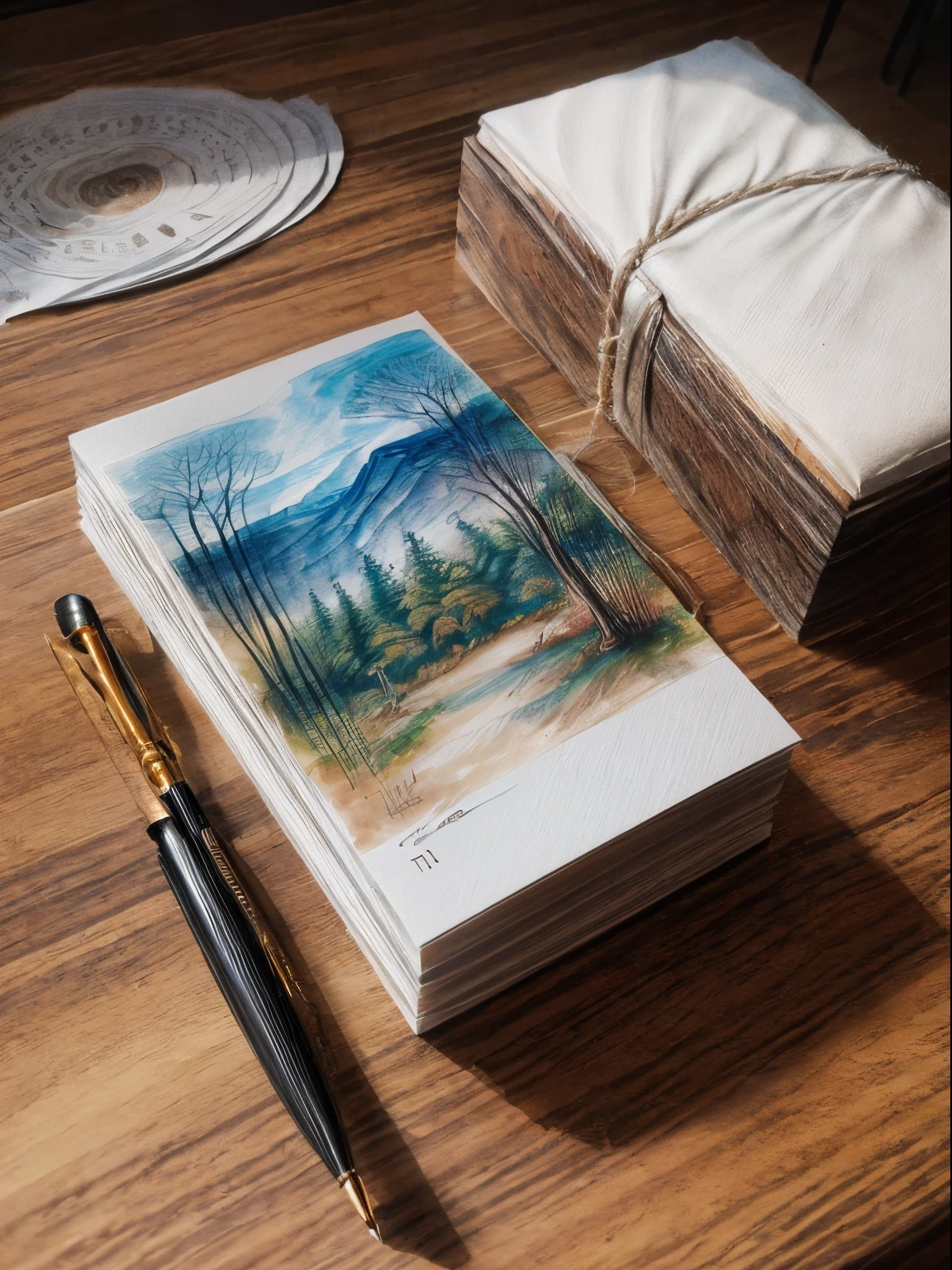 An ink pen and a postcard lie flat on a wood-grained table.The picture on the postcard  a watercolor of a hand-drawn landscape (Hand drawn watercolor with large blank space)The pattern  fresh and natural，Super fine hemp rope.Dried flowers are placed randomly on the table with obvious wood grain. (Best quality at best), (ultra - detailed), (Most Best Illustration),(The best light and shadow),Art Deco, Conceptual art, Romanticism, Luminism, ray tracing, silhouette, vignetting, letterboxed, first-person view, wide shot, UHD, anatomically correct, super detail, best quality