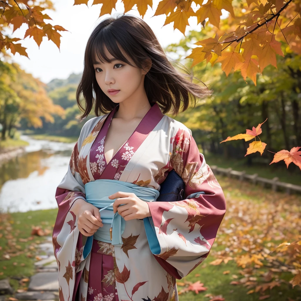 (Kimono)、(top-quality,masterpiece:1.3,超A high resolution,),(ultra-detailliert,Caustics),(Photorealsitic:1.4,RAW shooting,)Ultra-realistic capture,A highly detailed,high-definition16Kfor human skin、 Natural skin texture、、The skin looks healthy with an even tone、 Use natural light and color,One Woman,japanes,kawaii,A dark-haired,Very big big、Middle hair,(depth of fields、chromatic abberation、、Wide range of lighting、Natural Shading、)、(Autumn leaves in the air:1.2)、(Hair swaying in the wind:1.2)、(autumn leaves reflect light:1.1)、Cleavage can be seen through the exposed kimono、Legs visible through exposed kimono(garterbelts)