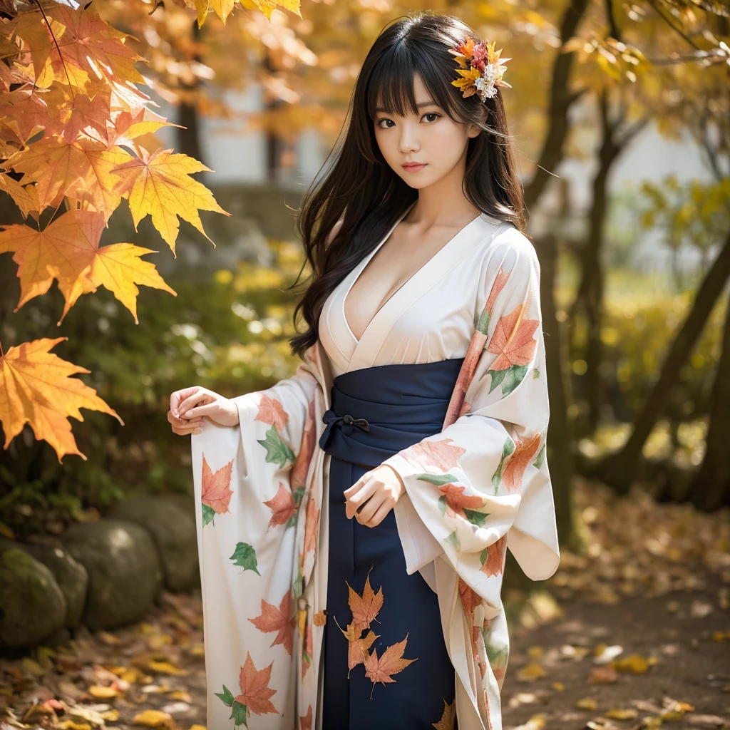 (Kimono)、(top-quality,masterpiece:1.3,超A high resolution,),(ultra-detailliert,Caustics),(Photorealsitic:1.4,RAW shooting,)Ultra-realistic capture,A highly detailed,high-definition16Kfor human skin、 Natural skin texture、、The skin looks healthy with an even tone、 Use natural light and color,One Woman,japanes,kawaii,A dark-haired,Very big big、Middle hair,(depth of fields、chromatic abberation、、Wide range of lighting、Natural Shading、)、(Autumn leaves in the air:1.2)、(Hair swaying in the wind:1.2)、(autumn leaves reflect light:1.1)、Cleavage can be seen through the exposed kimono、Legs visible through exposed kimono(garterbelts)