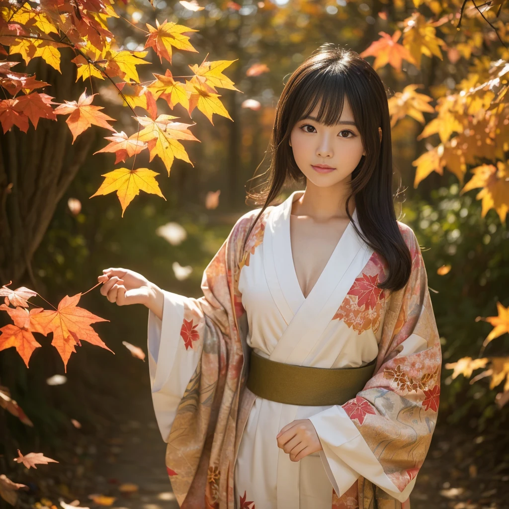 (Kimono)、(top-quality,​masterpiece:1.3,超A high resolution,),(ultra-detailliert,Caustics),(Photorealsitic:1.4,RAW shooting,)Ultra-realistic capture,A highly detailed,high-definition16Kfor human skin、 Natural skin texture、、The skin looks healthy with an even tone、 Use natural light and color,One Woman,japanes,kawaii,A dark-haired,Very big big、Middle hair,(depth of fields、chromatic abberation、、Wide range of lighting、Natural Shading、)、(Autumn leaves in the air:1.2)、(Hair swaying in the wind:1.2)、(autumn leaves reflect light:1.1)、Cleavage can be seen through the exposed kimono、Legs visible through exposed kimono（garterbelts）