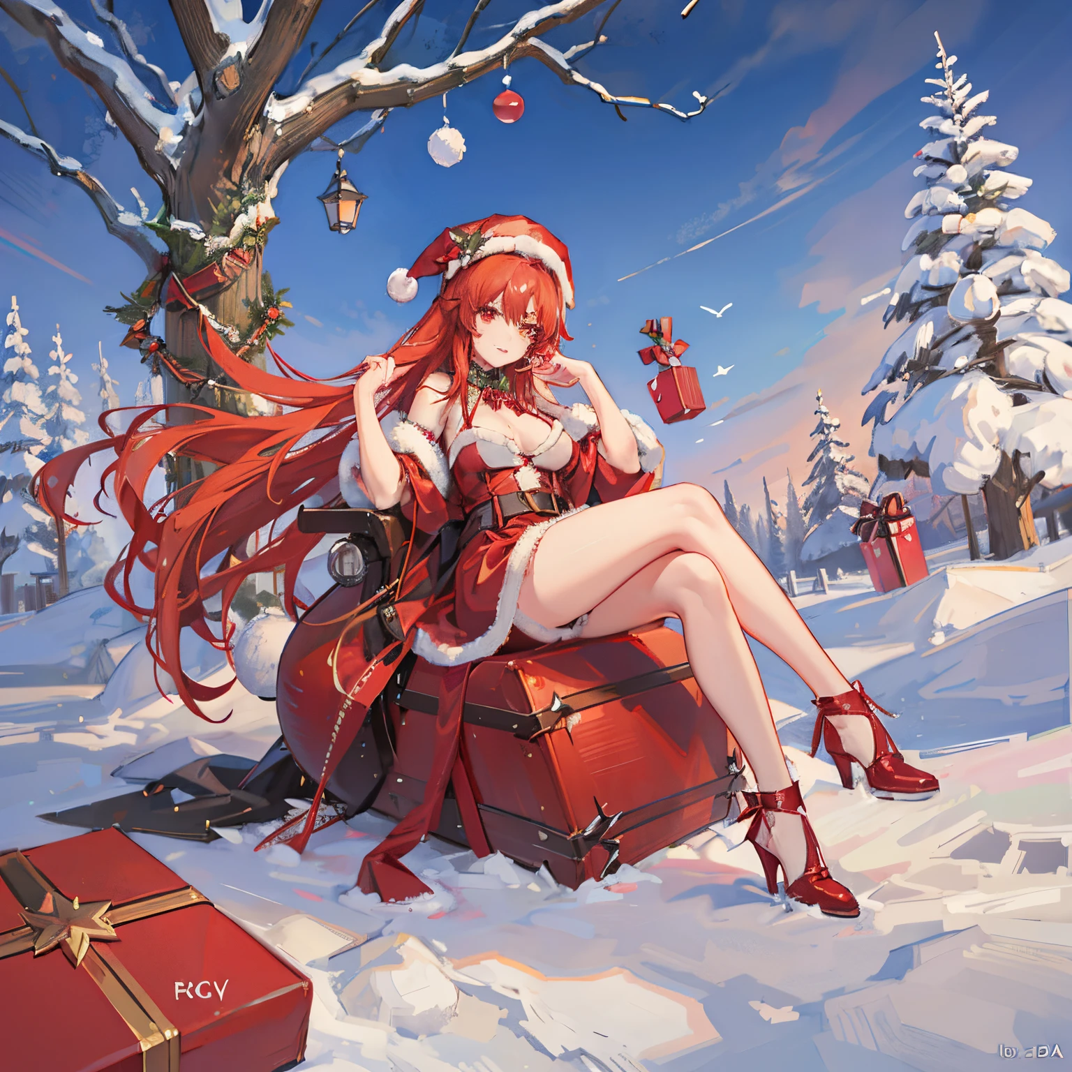 "anime girl, 1 person, bright red hair, shoulder length hair, dark red eyes, Santa hat, Santa tube costume, red dress, big breasts, discreet, stockings, Christmas gift box birth, snowfall, solo, (full HD 4K+ photo)"