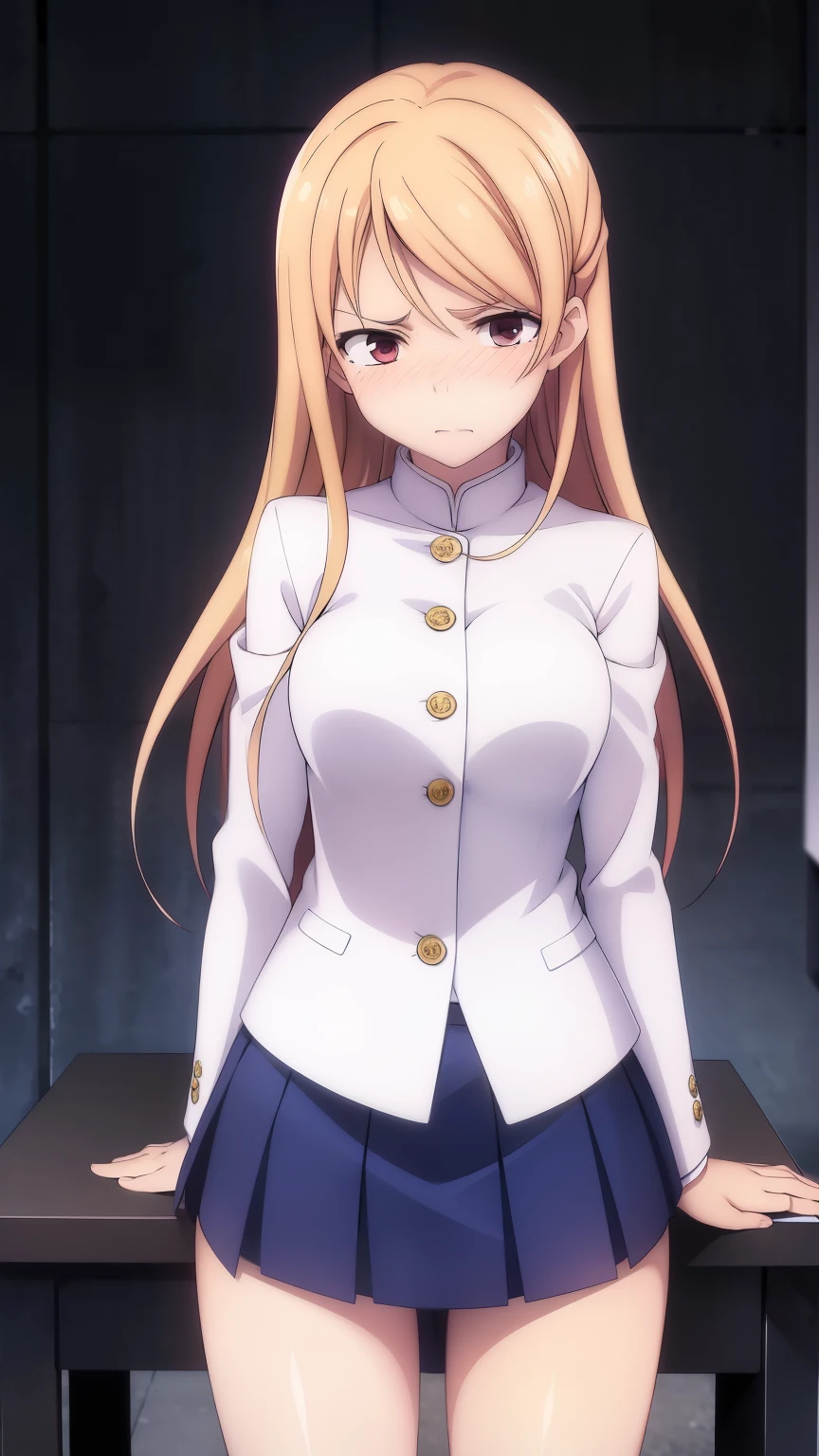 Embarrassed, blushing, blonde, white panties visible under the skirt, lifts the skirt with one hand, panties peeking out from under the skirt, legs open at school desk, knees spread, red hair, school uniform, miniskirt, high resolution, 1 girl, cute anime illustration, high resolution, stylish, beautiful woman,