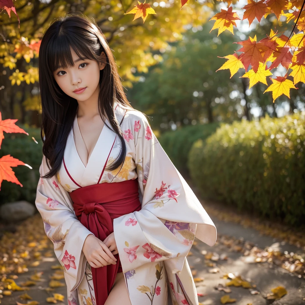 (Kimono)、(top-quality,masterpiece:1.3,超A high resolution,),(ultra-detailliert,Caustics),(Photorealsitic:1.4,RAW shooting,)Ultra-realistic capture,A highly detailed,high-definition16Kfor human skin、 Natural skin texture、、The skin looks healthy with an even tone、 Use natural light and color,One Woman,japanes,kawaii,A dark-haired,Very big big、Middle hair,(depth of fields、chromatic abberation、、Wide range of lighting、Natural Shading、)、(Autumn leaves in the air:1.2)、(Hair swaying in the wind:1.2)、(autumn leaves reflect light:1.1)、Cleavage can be seen through the exposed kimono、Legs visible through exposed kimono(red garter belt)