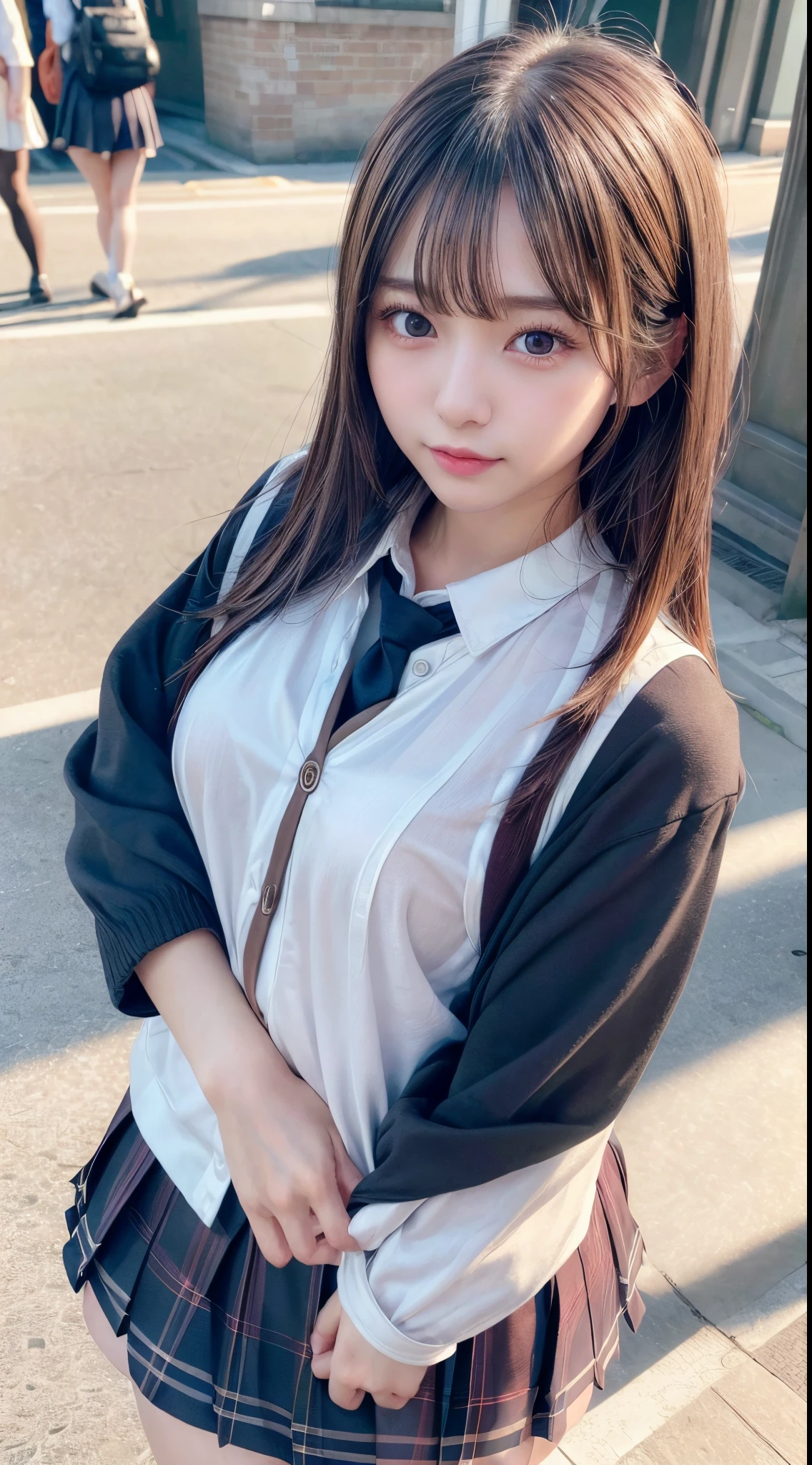 (8k, RAW photo, best quality, masterpiece:1.2), (realistic, photo-realistic:1.4), (extremely detailed 8k wallpaper), sharp focus, depth of field, bocinematic lighting, soft light,detailed beauty eyes,shiny smooth light brown long bob hair, asymmetrical bangs, shiny skin, super detailed skin,high resolution, high detailing, detailed hairstyle, detailed beauty face, hyper realistic, perfect limbs, perfect anatomy ,1 japanese girl,famous Japanese idol, perfect female body, large breasts,smile,short eyelashes,double-edged eyelid,long bob hair,(school girl uniform :1.3),looking at viewer, (Crowded city streets:1.3),cowboy shot