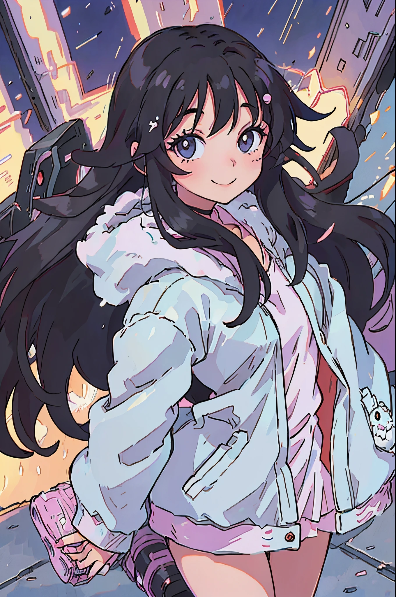 anime stylish girl, Wear fluffy outerwear, illuminations, Long Black Hair, A smile, 1990s anime
