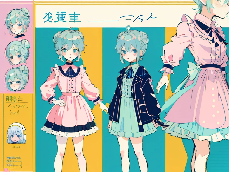supreme, light-blue hair，Blue Eyes，Standing on your feet，submachine gun，Detailed Genshin graphics，anime character design，anime concept art，pretty anime character design，anime character reference sheet，[Character design]，1girl in, ((Character information)、(Chara Leaf)、pastel dimmed colors, (Yellow color palette.:1.2, Blue:1.2, Pink:1.2), (Blue hair bun, Short fashionable skirt, Ruffles and lace, polka dot,(Lush pastel dresses), petite girl,Type sheet, Character Sheets, Three types，Shot Full Body，Game Character Design, green color, pink dress, white shirt, black buttons