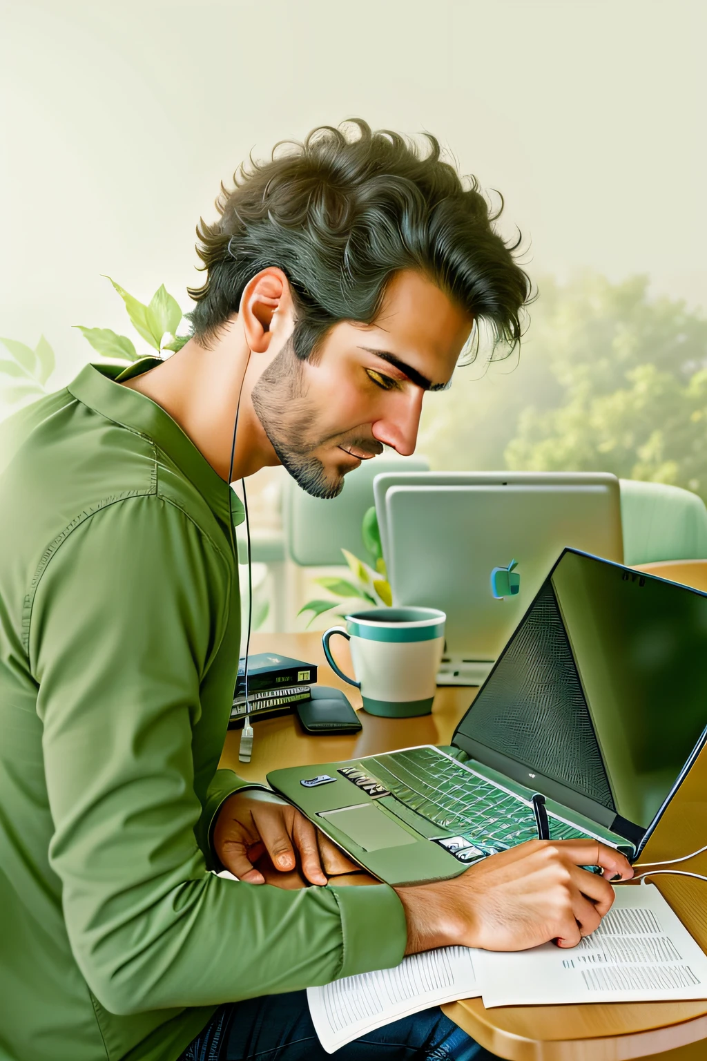 There's a man sitting at a desk with a laptop and a pen, com um laptop no colo, na frente de um computador, Trabalhando em um laptop em uma mesa, Detalhe excepcional, sentado em frente ao computador, foto de retrato, Usando seu PC desktop, digitando no laptop, sentado em um computador, veja os detalhes, 8k, alta qualidade,