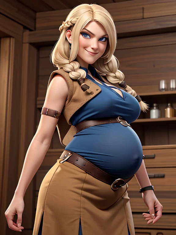 ruffnut, 1girl, solo, blue eyes, long hair, twin braids, brown skirt, blue shirt, brown vest, sleeveless, belt, vambraces, smirk, looking at viewer, masterpiece, high quality, detailed, massive pregnant belly, massive breast, massive butt, seductive pose