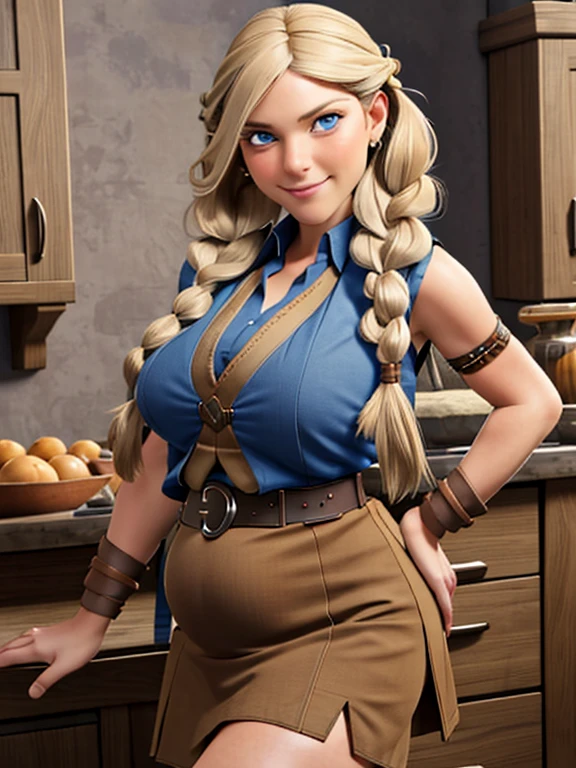 ruffnut, 1girl, solo, blue eyes, long hair, twin braids, brown skirt, blue shirt, brown vest, sleeveless, belt, vambraces, smirk, looking at viewer, masterpiece, high quality, detailed, massive pregnant belly, massive breast, massive butt, seductive pose